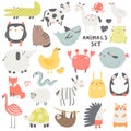 Doodle animals set including owl, crocodile, cow, cat, shark, horse, jelly fish, frog, seagull, elephant, chicken