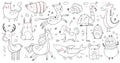 Doodle animals. Sketch animal, hand drawn decoration panda and adorable crocodile. Cute shark, cat and friendship Royalty Free Stock Photo