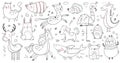 Doodle animals. Sketch animal, hand drawn decoration panda and adorable crocodile. Cute shark, cat and friendship leopard vector Royalty Free Stock Photo