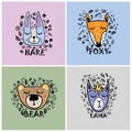 Colorful hand drawn square animal illustrations, funny flat hand-drawn animal characters, a set of animal faces with doodles, a fo Royalty Free Stock Photo