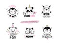 Doodle animals vector set. Owl, cat with glasses, panda unicorn, bear, little monkey, penguin queen faces