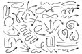 Doodle arrows mega set in flat cartoon design. Bundle elements of ink line pointers with different directions, swirl, repeat, down Royalty Free Stock Photo
