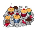 Doodle art with berry and chocolate muffin. Sweet cakes with sugar cubes and a teaspoon. Royalty Free Stock Photo
