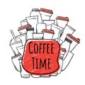 Doodle art of cup in hand drawn design with coffee time text Royalty Free Stock Photo