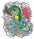 Chinese dragon and peacock tattoo design.peach with peony and plum flower on cloud background.