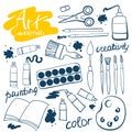 Doodle art materials collection. Hand drawn art icons set. Vector Illustration.