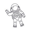 Doodle astronaut. Cartoon funny character with waving hand. Hello world. Hand drawn children cosmonaut