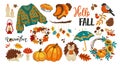Doodle autumn. Cute hello fall stickers. Turkey and candle. Acorn and leaves. October rain. Pumpkin pie. Warm clothing
