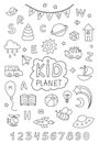 Children\'s black and white doodle set of different hand-drawn icons. Doodle baby elements. Kindergarten Royalty Free Stock Photo