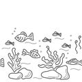 Doodle background. Fishes, underwater plants. Vector hand drawn illustration