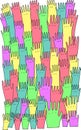 Doodle background with many hands. Line art hand pattern. Colorful cartoonish artwork. Vector illustration