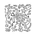 Doodle background. Sea Turtle, fish, underwater plants. Vector hand drawn illustration on white background Royalty Free Stock Photo