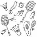 Doodle Badminton Icons set. Spring sport vector illustration