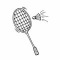 Doodle Badminton. Shuttlecock and racket. Sports and recreation. Doodle. Vector. Hand-drawn illustration