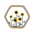 Banner floral background or card template with blooming sunflowers in the honey comb. Sunflower honey label design