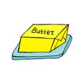 Doodle bar of butter on a pad. Isolated hand drawn food element for farm, market, fair or ingredient for recipe book