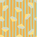 Doodle basket with cream seamless random pattern. Yellow lemon cupcakes on striped background. Food artwork Royalty Free Stock Photo