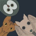 Doodle bat, cat and owl head. Night animals Zen Tangle.