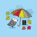 Doodle bird under the colorful bright umbrella.