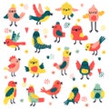 Doodle birds. Cute hand drawn birds, doodle colorful avifauna, lovely doves and sparrows, simple freehand birds vector Royalty Free Stock Photo