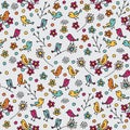 Doodle birds and flowers seamless pattern