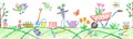 Seamless border background gardening tools in garden set. Like child hand drawing banner. Crayon kid art simple funny pencil vecto