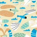 Doodle birds seamless pattern.Background with flying seagulls characters. Vector illustration Royalty Free Stock Photo