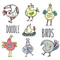 Doodle birds vector set. Hand drawn, sketch style, design elements