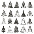 Doodle black christmas tree icons. Xmas rough drawn trees, abstract pencil winter elements. Grunge new year art decor Royalty Free Stock Photo