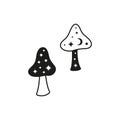 Doodle black and outline magical unedible mushrooms. Royalty Free Stock Photo