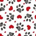 Doodle black paw print with red shining hearts seamless for fabric pattern Royalty Free Stock Photo