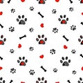 Doodle black paw prints, bone with red heart vector seamless pattern for fabric design Royalty Free Stock Photo