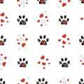 Doodle Black Paw Prints With Red Heart Vector Seamless Pattern For Fabric Design