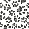 Doodle black paw prints vector with white background seamless pattern for fabric Royalty Free Stock Photo