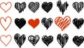 Doodle black and red heart icons isolated on white background set Royalty Free Stock Photo