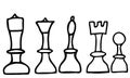 Doodle black and white chess set, king, queen, rook, elephant, knight and pawn. World chess day. Isolated sketch of cuts