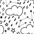 Doodle black and white clouds with rain, stars and cosmos seamless pattern. Cute night sky seamless background for
