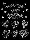 Doodle black and white valentines day set. Lettering, hearts an