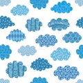 Doodle blue clouds seamless pattern.
