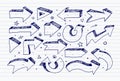 Doodle blue pen sketch arrows on lined paper background