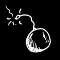 The icon is a round bomb with a burning fuse. a hand-drawn bomb in the style of vintage doodles, a white outline on black for a Royalty Free Stock Photo