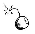 Vector isolated round bomb with a burning, sparkling wick. hand-drawn vintage doodle style bomb ,black outline on white background