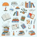 Doodle book colourful collection. Educational Vector illustration, books set icon. Stack of books, glasses, lamp, vertical books.