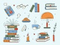 Doodle book colourful collection. Educational Vector illustration, books set icon. Stack of books, glasses, lamp, vertical books.