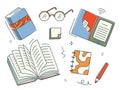 Doodle book colourful collection. Vector illustration, books set icon. E-book, glasses, pen, textbook. Reading books or education
