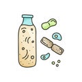 Doodle bottle with bacteria. Cartoon illustration of fermented milk drinks on white background. Hand drawn isolated vector icons.