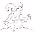 Doodle boy and girl sitting on stump