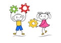 Doodle boy and girl teamwork isolated on white background. Stickman figures engineering.