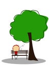 Doodle Boy listen to music while sitting on a park bench under a tree - Full Color Royalty Free Stock Photo