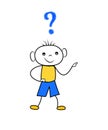 Doodle boy thinking with question mark. Scribble cartoon character isolated on white background. Royalty Free Stock Photo